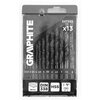 Zestaw wierteł GRAPHITE 54T935 zawiera 13 sztuk wierteł o rozmiarach od 2,2 do 8 mm, zapakowanych w przezroczyste opakowanie. Na opakowaniu widoczne są oznaczenia: "METAL", "DIN 338", "HSS" oraz symbol kąta 118°.