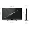 Telewizor marki SHARP o przekątnej ekranu 50 cali (126 cm) z widocznymi wymiarami: szerokość 111,1 cm, wysokość 64,5 cm, głębokość 8,2 cm, wysokość z podstawą 70,4 cm, głębokość z podstawą 26,0 cm, szerokość podstawy 50,6 cm. Na ekranie znajduje się logo 
