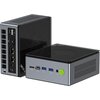 Na zdjęciu widoczne są dwa komputery mini PC w kolorze szarym z czarnymi elementami. Na jednym z urządzeń znajduje się logo "GMKtec", a na panelu przednim widoczne są porty USB, USB-C, HDMI oraz przycisk zasilania.
