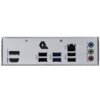 Na zdjęciu widoczny jest panel tylny płyty głównej z różnymi portami, w tym HDMI, DisplayPort, USB 2.0, USB 5G, portem Ethernet oznaczonym jako 2.5G oraz trzema gniazdami audio oznaczonymi jako MIC-IN, L-OUT i L-IN. Na panelu znajduje się również logo producenta.