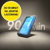 Na zdjęciu znajduje się niebieski element przypominający baterię, a w tle widoczny jest napis "90 min". W żółtym okręgu umieszczono tekst: "DO 90 MINUT NA JEDNYM ŁADOWANIU".