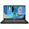 Czarny laptop z widocznym logo "MSI" na dolnej ramce ekranu, na którym wyświetlany jest kolorowy rysunek przedstawiający dwie postacie spacerujące z psem w miejskim otoczeniu. Klawiatura jest podświetlana, a ekran pokazuje jasne, żywe kolory.