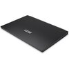 Czarny laptop z zamkniętą pokrywą, na której widoczne jest logo "MSI". Laptop ma smukły design, a na boku widać porty.