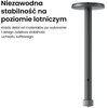 Czarny uchwyt sufitowy o cylindrycznym kształcie z okrągłą podstawą i regulowaną długością. Obok uchwytu znajduje się tekst: "Niezawodna stabilność na poziomie lotniczym. Każdy detal od materiałów po wykonanie i design zwiększa stabilność uchwytu sufitowe