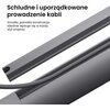 Na zdjęciu widoczny jest fragment uchwytu sufitowego w kolorze szarym z miejscem na prowadzenie kabli. Na górze zdjęcia znajduje się tekst: "Schludne i uporządkowane prowadzenie kabli. Smukła, jednolita konstrukcja idealnie wpisuje się w każdy styl wnętrz