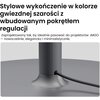 Stylowy stojak w kolorze gwiezdnej szarości z wbudowanym pokrętłem regulacji, widoczny na tle jasnej powierzchni. Tekst na zdjęciu: "Stylowe wykończenie w kolorze gwiezdnej szarości z wbudowanym pokrętłem regulacji. Zaprojektowany tak, by idealnie pasować