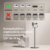 Na zdjęciu znajduje się tabela z urządzeniami kompatybilnymi i niekompatybilnymi z produktem "Stojak JMGO P062". Widoczny jest tekst: "Kompatybilny z większością urządzeń z mocowaniem 1/4” do 10 kg. Niekompatybilny z urządzeniami bez gwintu 1/4” – sprawdź