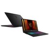 Na zdjęciu widoczne są dwa laptopy marki MSI, jeden otwarty z kolorową klawiaturą i ekranem wyświetlającym logo MSI na tle świetlnych pasów, drugi zamknięty z widocznym logo na obudowie. Oba laptopy mają nowoczesny design i czarną obudowę.