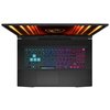 Laptop z otwartym ekranem, widziany z góry, z podświetlaną klawiaturą w kolorach tęczy. Na ekranie widoczne jest logo producenta z motywem smoka na tle pomarańczowych promieni.