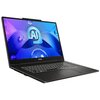Czarny laptop z logo "MSI" na dolnej ramce ekranu, wyświetlający kolorową grafikę z napisem "AI". Klawiatura jest podświetlana, a obudowa ma minimalistyczny design.