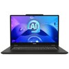 Laptop z otwartym ekranem wyświetlającym grafikę z dużym napisem "AI" na tle niebieskich i fioletowych wzorów geometrycznych oraz kul. Na obudowie poniżej ekranu widoczne jest logo "MSI".