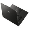 Czarny laptop z widocznym logo "MSI" na pokrywie, częściowo otwarty, ukazujący klawiaturę i touchpad. Klawiatura jest podświetlana, a obudowa ma matowe wykończenie.