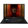 Laptop z logo MSI na ekranie, otoczony pomarańczowymi liniami świetlnymi, z podświetlaną klawiaturą w różnych kolorach. Na obudowie widoczne jest logo "msi".
