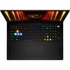 Laptop z otwartym ekranem, na którym widoczne jest logo producenta oraz kolorowa, podświetlana klawiatura z różnorodnymi kolorami klawiszy. Na ekranie widać pomarańczowe i czerwone linie świetlne.