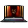 Laptop z podświetlaną klawiaturą w różnych kolorach, na ekranie widoczne jest logo smoka na tle pomarańczowych świateł. Na obudowie pod ekranem znajduje się napis "msi".