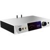 Srebrny przetwornik C/A LUXSIN X9 z widocznym logo "Luxsin" na przednim panelu, posiada wyświetlacz pokazujący "-20.0 dB PCM 44.1 kHz" oraz różne złącza i pokrętło. Obudowa ma czarne, żebrowane boki.