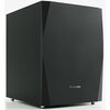 Czarny subwoofer o prostokątnym kształcie z gładkim, błyszczącym frontem i widocznym logo "PYLON" na dole. Obudowa ma wykończenie przypominające drewno.