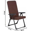 Brązowy fotel ogrodowy z czarnymi podłokietnikami i metalową ramą, o wymiarach 105 cm wysokości, 57 cm głębokości i 59 cm szerokości.