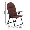 Brązowy fotel ogrodowy z czarnymi podłokietnikami i metalowym stelażem, o wymiarach 105 cm wysokości, 72 cm głębokości i 59 cm szerokości. Fotel ma prostokątne siedzisko i oparcie z lekkim zaokrągleniem na górze.
