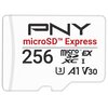Biała karta pamięci z nadrukiem "PNY microSD™ Express 256" oraz symbolami "microSD™ XC I", "U3", "A1", "V30". Nadruk jest w kolorach czarnym i czerwonym.