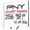 Biała karta pamięci z nadrukiem "PNY microSD™ Express 256" oraz symbolami "microSD™ XC I", "EX", "U3", "A1", "V30".