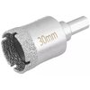 Na zdjęciu znajduje się metalowa otwornica z napisem "30mm" na powierzchni. Narzędzie ma ząbkowaną krawędź tnącą pokrytą materiałem ściernym.
