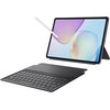 Na zdjęciu znajduje się tablet z wyświetlaczem o gradientowych kolorach, ustawiony na stojaku, obok którego unosi się rysik. Przed tabletem leży klawiatura w ciemnym kolorze.