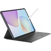 Tablet z szarym etui i klawiaturą, z wyświetlaczem pokazującym abstrakcyjną grafikę w pastelowych kolorach, obok którego znajduje się biały rysik. Na rysiku widoczne jest logo "HUAWEI".