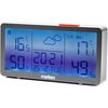 Cyfrowa stacja pogody z wyświetlaczem pokazującym temperaturę wewnętrzną 16,5°C, wilgotność 50%, temperaturę zewnętrzną 17,1°C, wilgotność 49%, godzinę 20:21 oraz datę 25 2 TUE. Na dole widoczne jest logo "meteo".