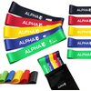 Na zdjęciu widoczny jest zestaw kolorowych gum do ćwiczeń z napisem "ALPHA" oraz logo przedstawiającym głowę wilka. Gumy są w kolorach czarnym, czerwonym, żółtym, niebieskim i zielonym, a obok nich znajduje się czarny woreczek z napisem "ALPHA".