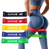 Na zdjęciu widoczny jest zestaw pięciu gum do ćwiczeń w różnych kolorach: czarnym z napisem "ALPHA X-HEAVY", czerwonym "ALPHA HEAVY", żółtym "ALPHA MEDIUM", niebieskim "ALPHA LIGHT" i zielonym "ALPHA X-LIGHT". Obok gum znajduje się osoba w niebieskim stro