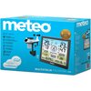 Niebieskie opakowanie produktu "Stacja pogody METEO SP601" z dużym logo "meteo" oraz ilustracją urządzenia i jego ekranu, na którym widoczne są różne parametry pogodowe. Na opakowaniu znajdują się także informacje o funkcjach, takich jak zasięg do 100 m, 