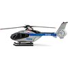 Model helikoptera ratunkowego w kolorze srebrnym z niebieskimi i czarnymi elementami, z widocznym napisem "POLICJA" oraz oznaczeniem "SN-80XPD". Na kadłubie znajduje się również mała flaga Polski.