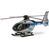 Model helikoptera ratunkowego w kolorach czarnym, srebrnym i niebieskim z widocznym napisem "POLICJA" na boku. Na helikopterze znajdują się również oznaczenia "EC-135" oraz "SN-80XP", a także mała flaga Polski.