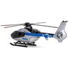 Model helikoptera ratunkowego w kolorze srebrnym z niebieskimi i czarnymi elementami, z widocznym napisem "POLICJA" oraz flagą Polski. Na ogonie helikoptera znajduje się napis "SN" i oznaczenie "EC135".