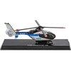 Model helikoptera ratunkowego w kolorach niebieskim, srebrnym i czarnym z napisem "POLICJA" na boku oraz oznaczeniem "SN-80XP". Helikopter umieszczony jest na czarnej podstawce z napisem "1/100 AIRBUS EC 135".
