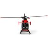 Czarno-czerwony helikopter zabawkowy z widocznymi szczegółami, takimi jak wirnik główny i ogonowy. Helikopter ma błyszczącą powierzchnię i jest ustawiony na białym tle.