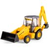 Żółta koparko-ładowarka zabawkowa z czarną łyżką z przodu i ramieniem z tyłu. Na kabinie i ramieniu widoczny jest napis "NEW HOLLAND".