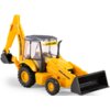 Żółta koparko-ładowarka zabawkowa z czarnymi elementami, takimi jak koła i kabina, posiada napisy "NEW HOLLAND" na ramieniu koparki oraz na kabinie. Na ramieniu widoczny jest również napis "B110C".