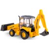 Żółta zabawka koparko-ładowarka z czarnymi kołami i przezroczystą kabiną. Na ramieniu koparki widoczny jest czarny napis "NEW HOLLAND".