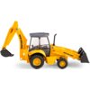 Żółta koparko-ładowarka zabawkowa z czarnymi kołami i szarym dachem kabiny. Na ramieniu koparki oraz na boku pojazdu widnieje czarny napis "NEW HOLLAND".