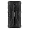 Czarny smartfon z wytrzymałą obudową, posiadający teksturę przypominającą włókno węglowe oraz pionowy pasek z napisem "ulefone" i trzema obiektywami aparatu. Na dole widoczne są oznaczenia CE oraz symbol przekreślonego kosza.