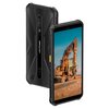 Na zdjęciu widoczny jest czarny smartfon z wyświetlaczem, na którym pokazano obraz koparki na tle nieba. Na tylnej obudowie urządzenia znajduje się logo "ulefone" oraz dwa obiektywy aparatu.