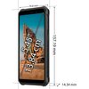 Na zdjęciu widoczny jest czarny smartfon z ekranem o przekątnej 5.45 cala (13.84 cm), z wymiarami 157.19 mm wysokości, 76.8 mm szerokości i 14.34 mm grubości. Na ekranie wyświetlony jest obraz koparki na tle nieba.