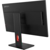 Monitor marki Lenovo z serii ThinkVision, widoczny od tyłu, z czarną obudową i prostokątną podstawą. Na obudowie znajduje się logo "Lenovo", a na bocznej krawędzi widoczne są porty i przyciski.