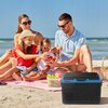 Na zdjęciu widać rodzinę siedzącą na plaży na kocu, obok znajduje się kosz piknikowy i pojemnik z winogronami. W prawym dolnym rogu widoczna jest lodówka kompresorowa z napisem "Webber".