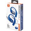 Opakowanie słuchawek powietrznych JBL Endurance Zone w kolorze niebieskim z widocznym logo JBL i HARMAN. Na opakowaniu znajdują się informacje: "ENDURANCE ZONE", "IP68", "OPEN EAR DESIGN", "SECURE FIT", "32H", "8H", "24H", oraz ikony związane z funkcjami 