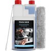 Zestaw do czyszczenia systemów mlecznych FRISCHER Professional 1000 ml zawiera butelkę z dwoma czerwonymi nakrętkami, szczotkę oraz szarą ściereczkę. Na etykiecie butelki widnieje napis: "FRISCHER PROFESSIONAL MILCHSYSTEMREINIGER MILK SYSTEM CLEANER 1000 