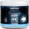 Biały pojemnik z etykietą w odcieniach niebieskiego i czarnego, na której widnieje napis "FRISCHER Professional SPÜLMASCHINEN REINIGUNGSTABLETTEN DISHWASHER CLEANING TABLETS" oraz grafika zmywarki i tabletki. Na etykiecie znajduje się także informacja "ST