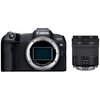 Aparat bezlusterkowy Canon EOS R8 z widocznym mocowaniem obiektywu, obok znajduje się obiektyw Canon RF 24-105 f/4-7.1 IS STM. Na korpusie aparatu widoczne są napisy "Canon" i "EOS R8".